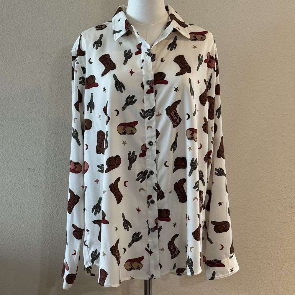 Ariat Western Cowboy Boot Print Button Front Shirt Womens XL Rodeo Ranch